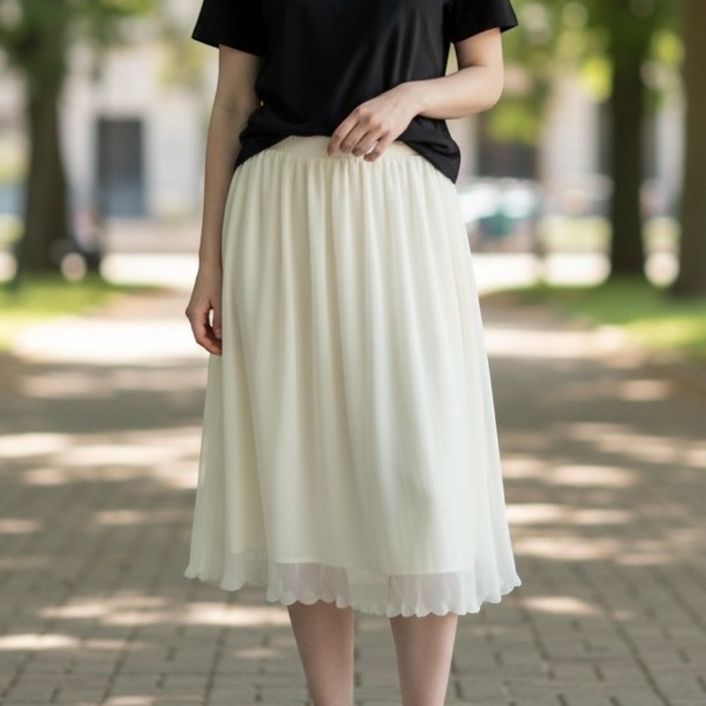 Metrowear Pleated Mesh Midi Skirt Womens XL Ivory Sheer Tulle Overlay Balletcore